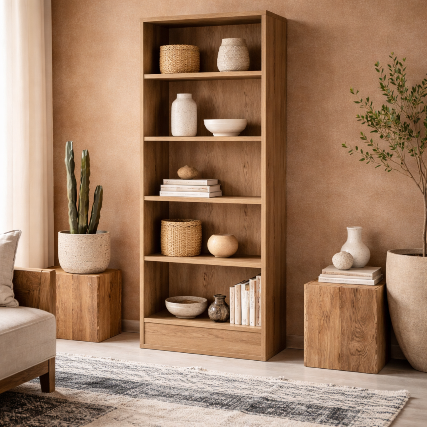Wyld Haus Hollola Sonoma Oak Tall Wide Bookcase, 4 Adjustable Shelves - Natural