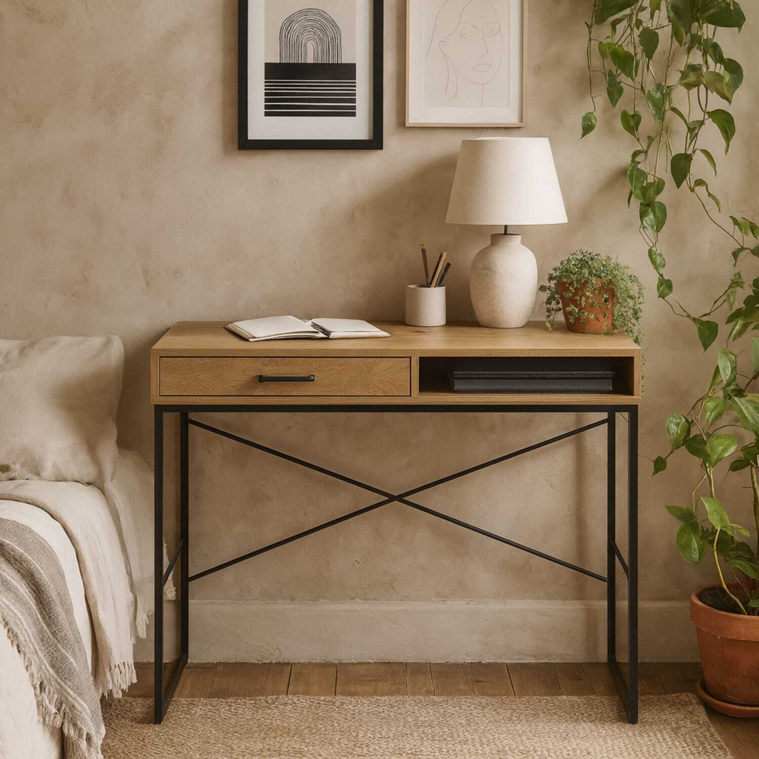 El Paso Desk - Wild Oak Effect Top, Matte Black Metal Sledge Base, 1 Drawer - Wild Oak Effect