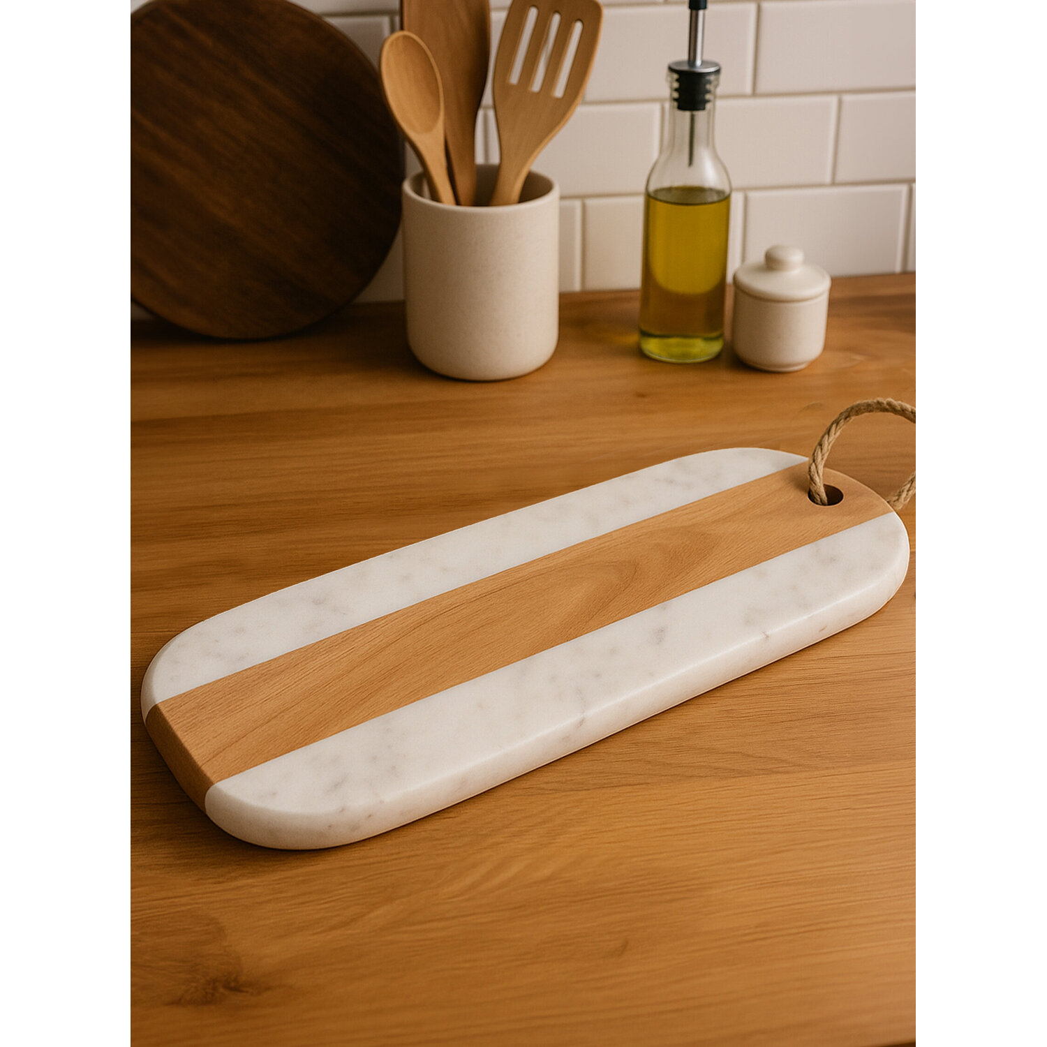 Monzaro Oblong White Marble And Acacia Wood Board - White
