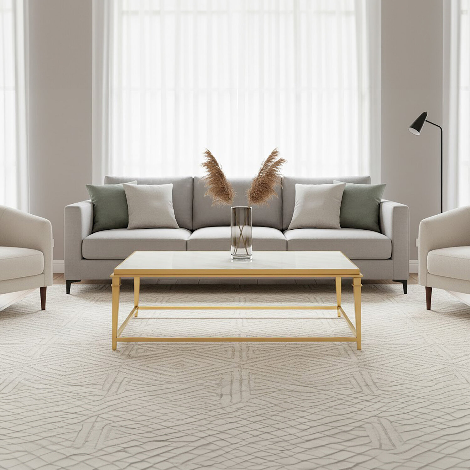 Alvaro Rectangular Coffee Table with White Marble Top - Gold