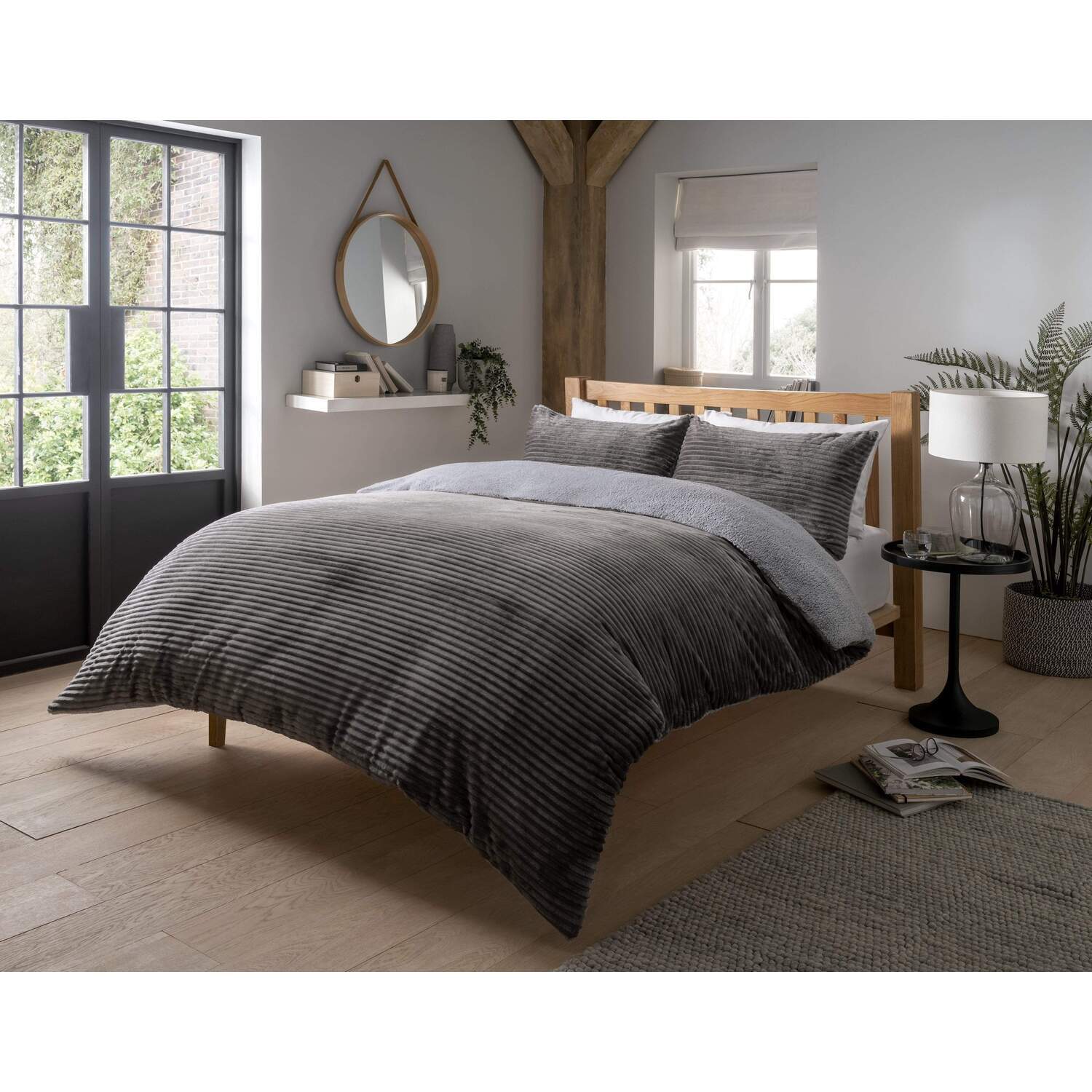 Ribbed Fleece Teddy Reversible Duvet Set - Charcoal King