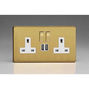 Varilight Flat Plate Screwless Brushed Brass 2-Gang 13 Amp Socket + 2x USB Charging Port White Inser