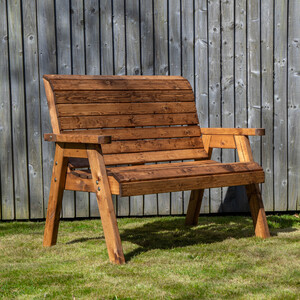 2 Seater Chunky Rustic Wooden Garden Furniture Bench with Coffee Table and Green Cushions
