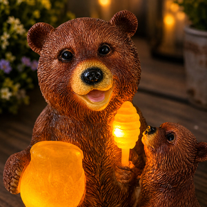 Solar Mama Bear & Cub Garden Ornament Hand Painted Resin LED Garden Statue 22cm