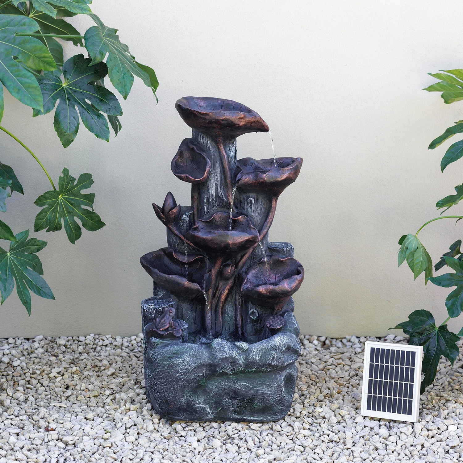 Primrose Solar Power Lily Pad Rock Cascade Water Feature With LED Bronze 76cm in Brown