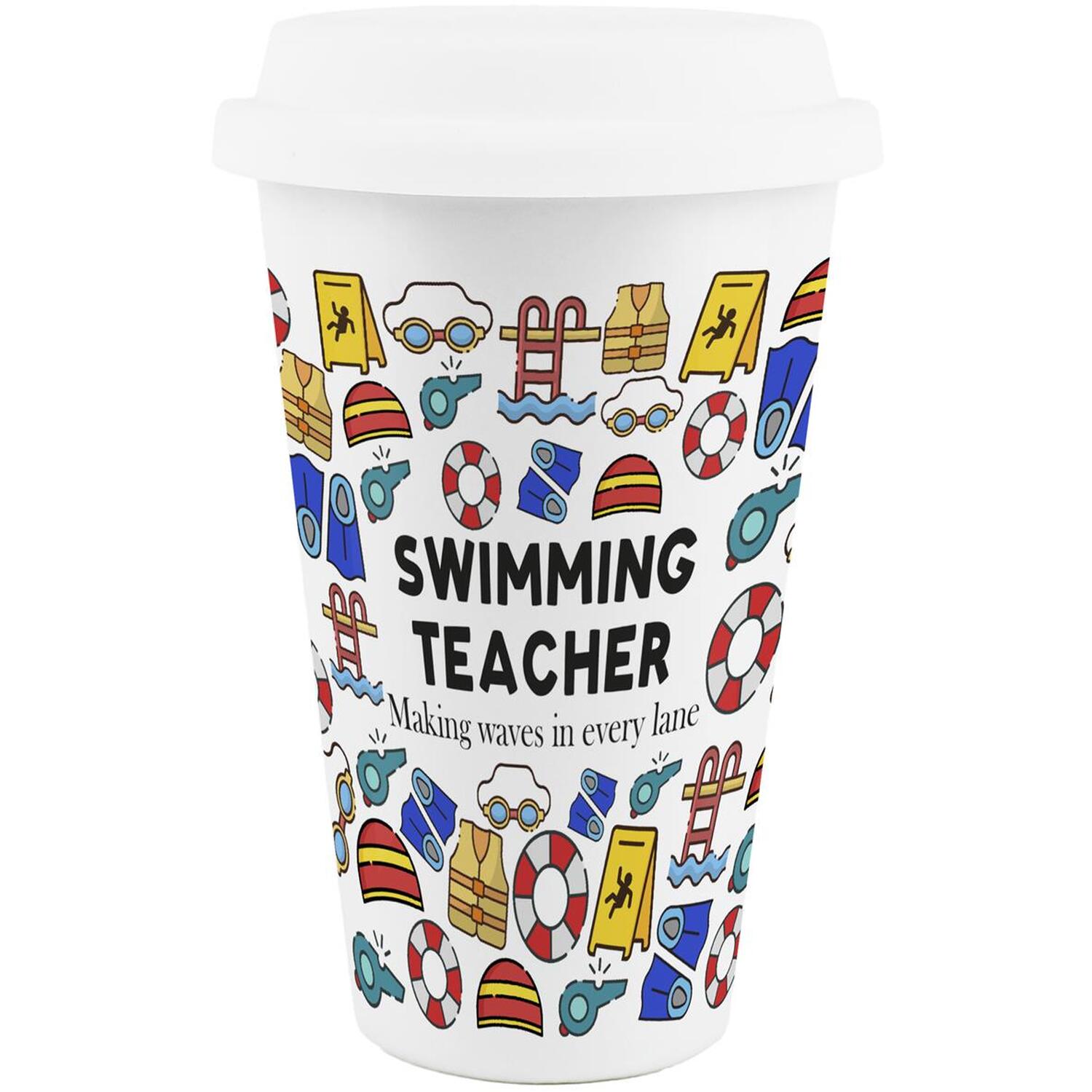 Purely Home Novelty Swimming Teacher Ceramic Travel Mug - Reusable Drinks Cup Gift - White