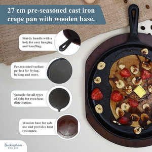Pre Seasoned Cast Iron Griddle Crepe Pan with Wooden Base