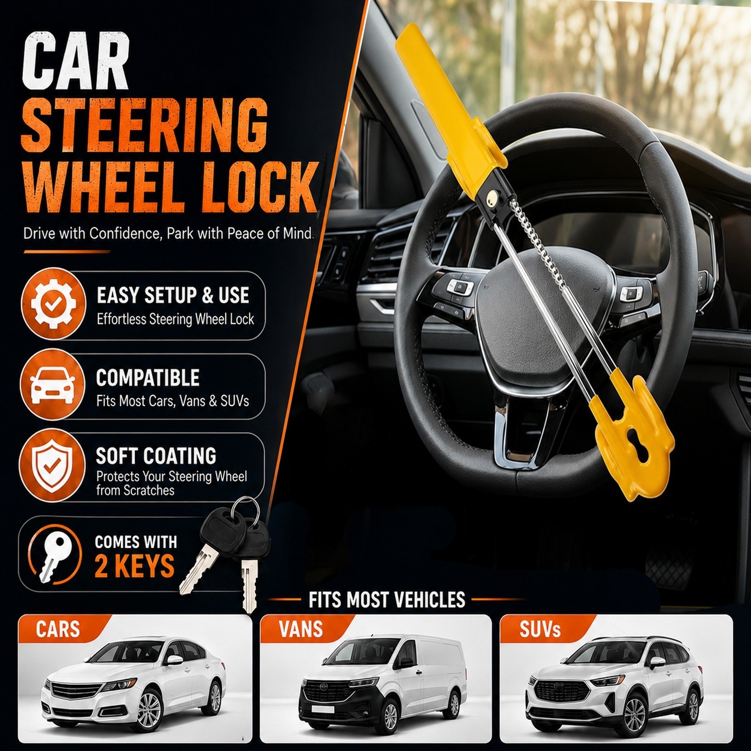 Atek Car Steering Wheel Lock - Yellow