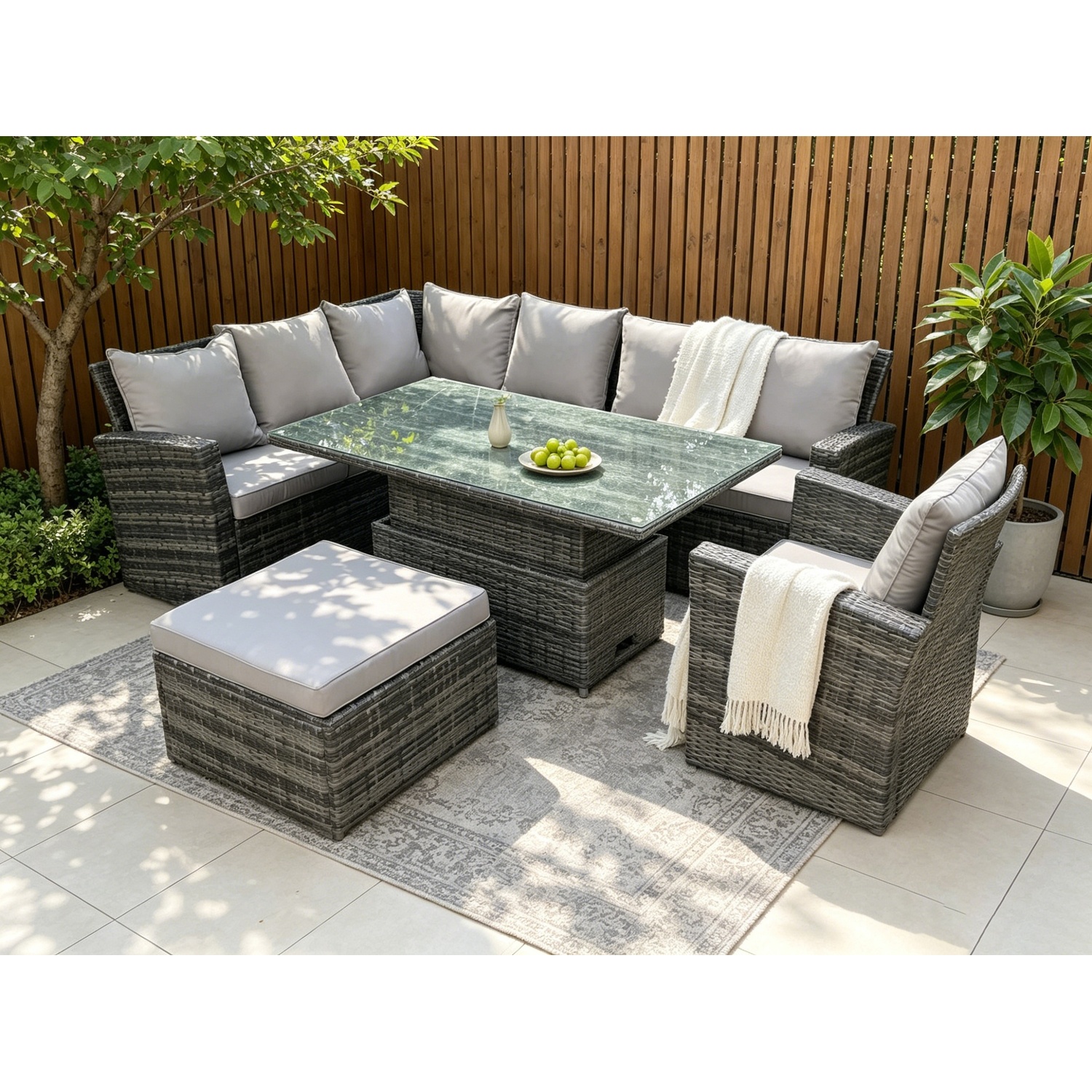 B&Q - 8 Seater High Back Rattan Adjustable Rising Lifting Dining Table Corner Sofa Set Garden Furniture Set Left Hand - Image 2