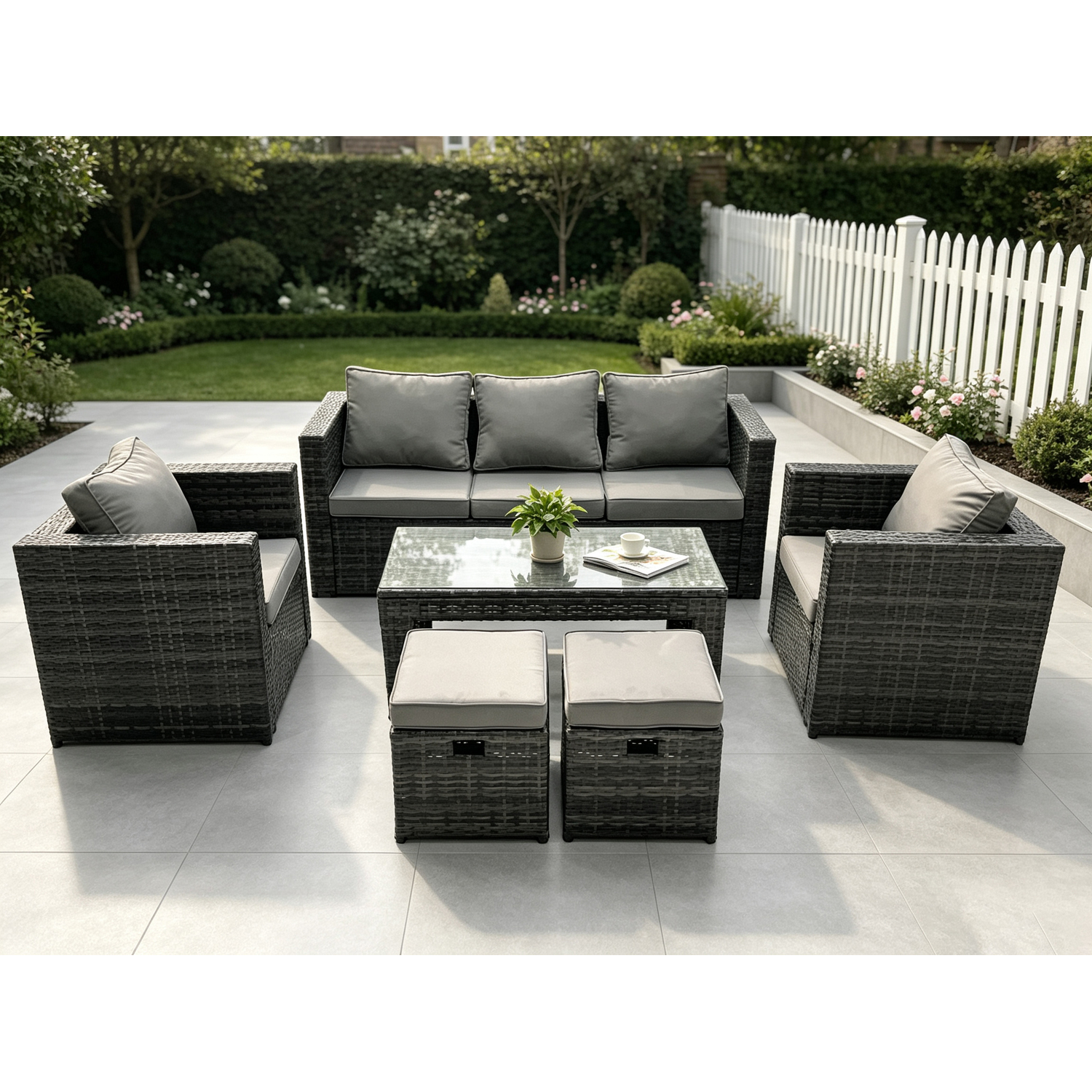 Rackhams Dark/Grey Lounge Rattan Sofa Set Outdoor Garden Furniture Oblong Rectangular Coffee Table With 2 Chairs 2 Stools - Image 2