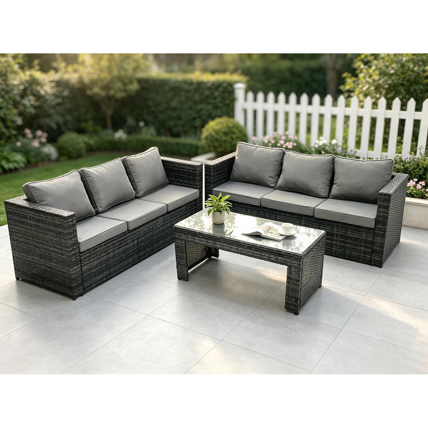 Fimous Dark/Grey Outdoor Rattan Garden Furniture Lounge Sofa Set With Oblong Rectagular Coffee Table - Image 2
