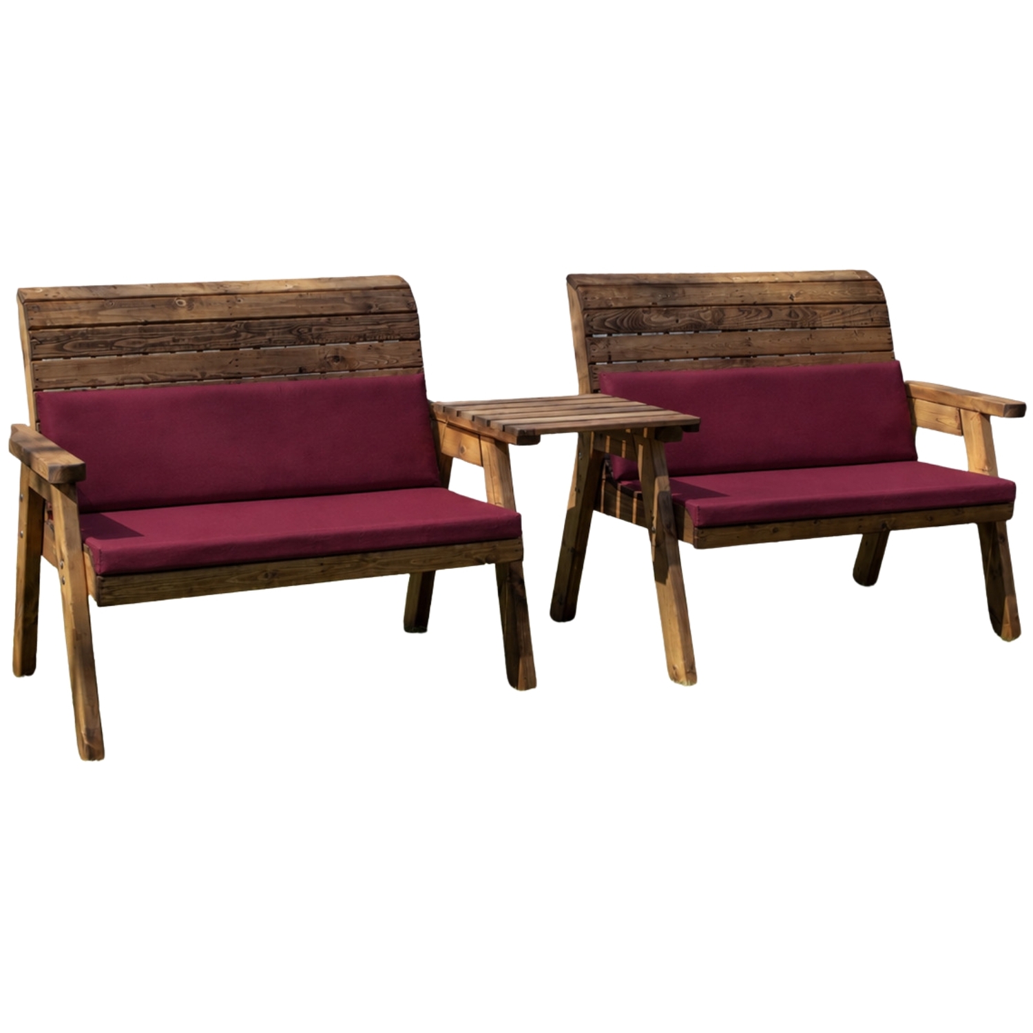 Samuel Alexander Hand Made 4 Seater Chunky Rustic Wooden Furniture With 2 Benches, Straight Tray & Burgundy Cushions - Burgundy