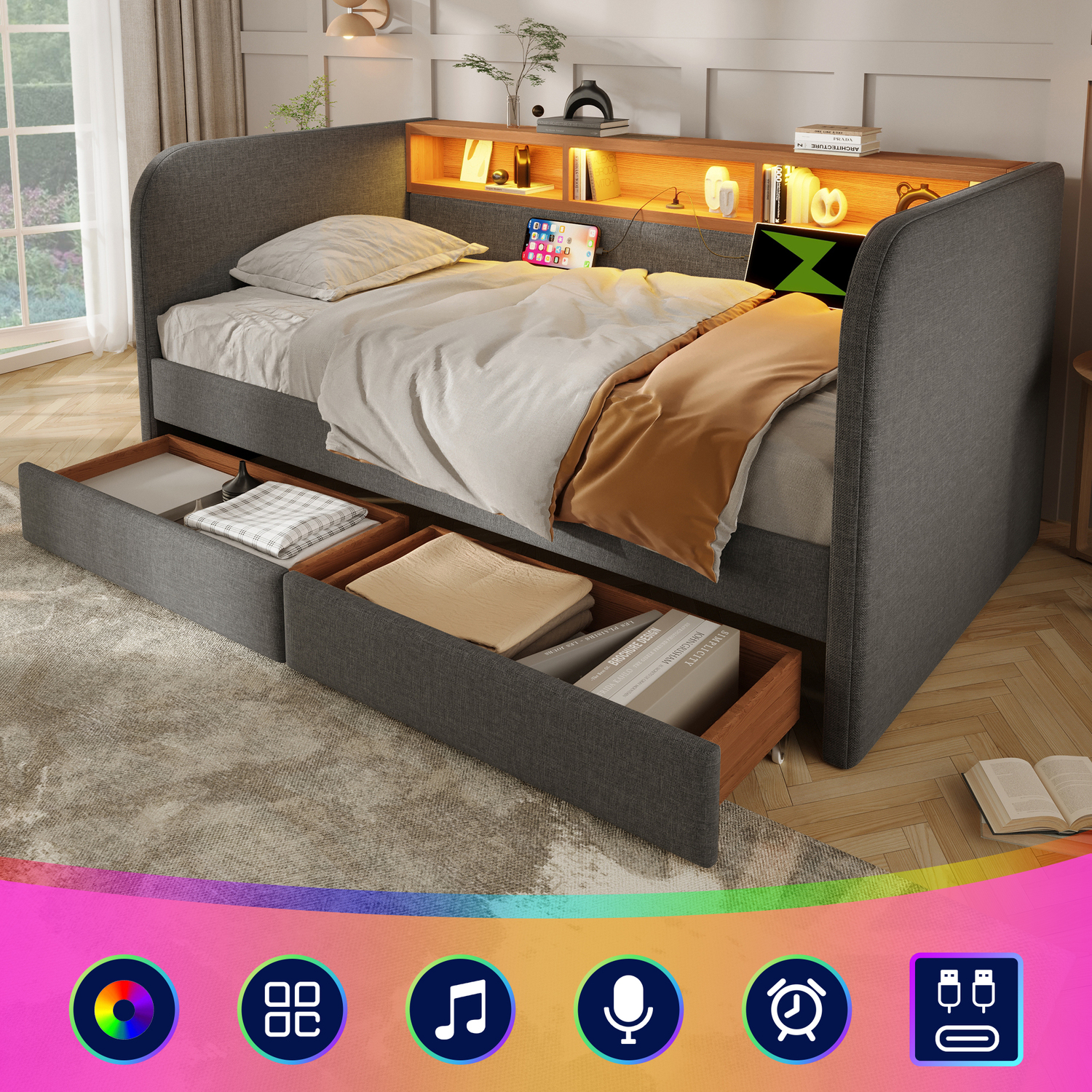 Aka Single Linen Daybed With Headboard Storage, Led, Usb-C & 2 Drawers, Grey - Grey