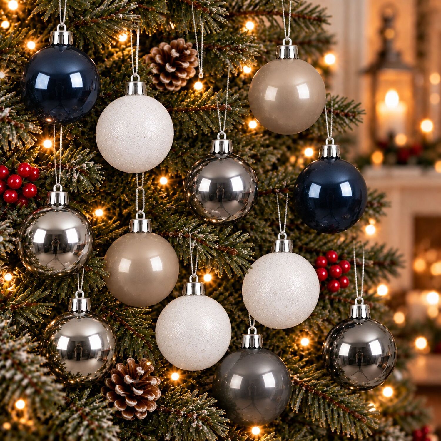 30 White Silver Blue Mixed Baubles Christmas Tree Shatterproof Ornaments 6cm - Image 2
