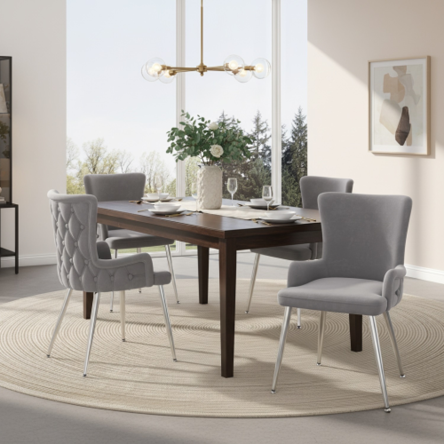 Aka Velvet Dining Chair, Luxurious Lounge Chair With Four Silver-Coloured Metal Legs, Grey, Set Of 4 - Grey