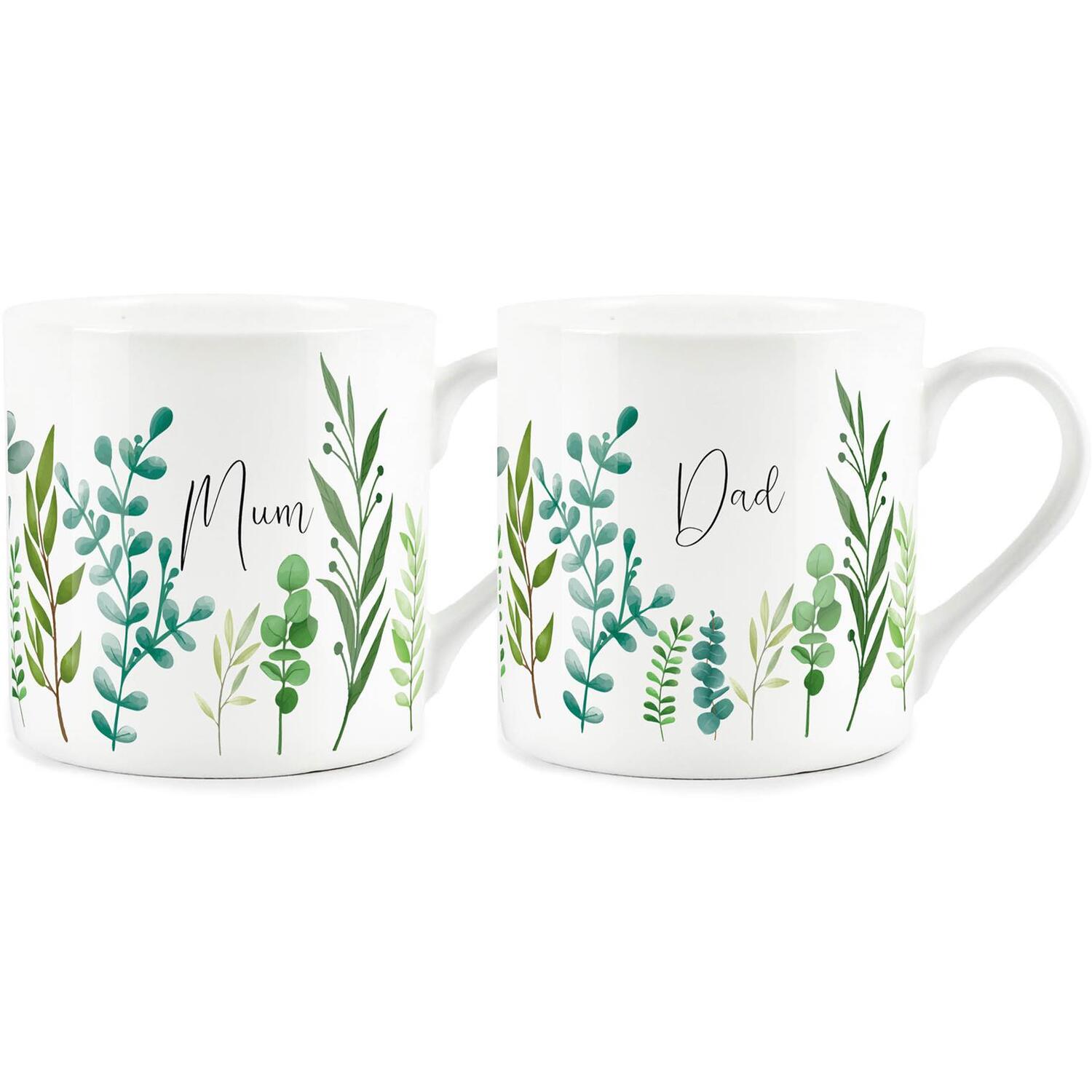 Purely Home Green Leaves Mum & Dad Bone China Mugs Gift - Set Of 2 - Green