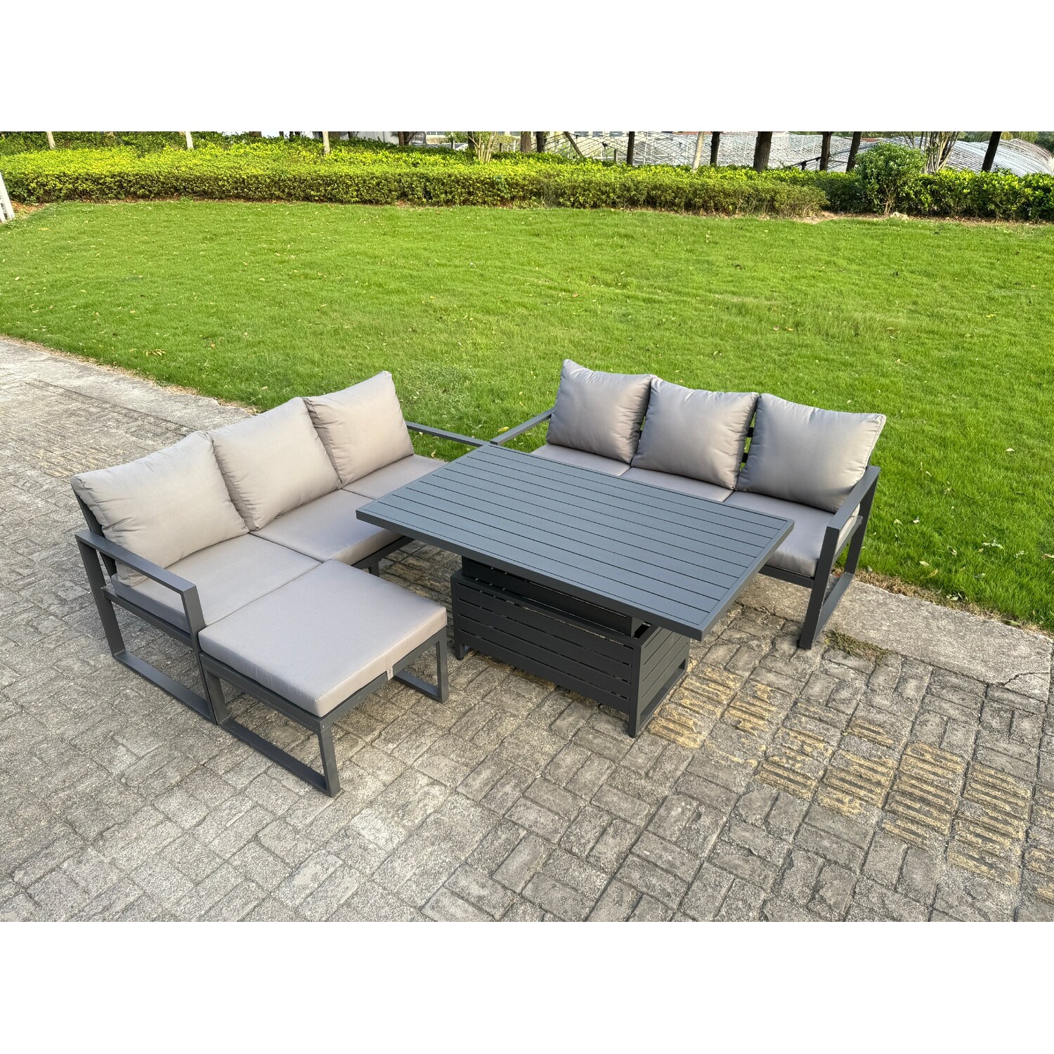 Fimous Unisex Dark Grey Aluminum 4-Piece Sofa Set With Lifting Table, Cushions & Big Footstool In Size 4 - Image 2