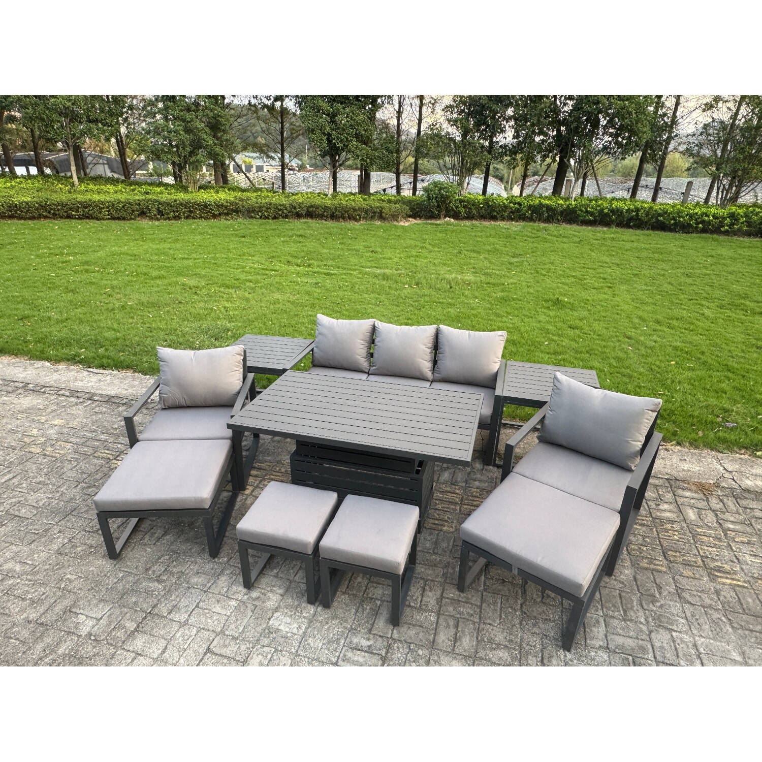 Rackhams Grey 9 Seater Aluminium Garden Furniture Set With Sofa, Adjustable Rising Dining Table, 2 Chairs, 4 Footstools, 2 Side Tables - Image 2