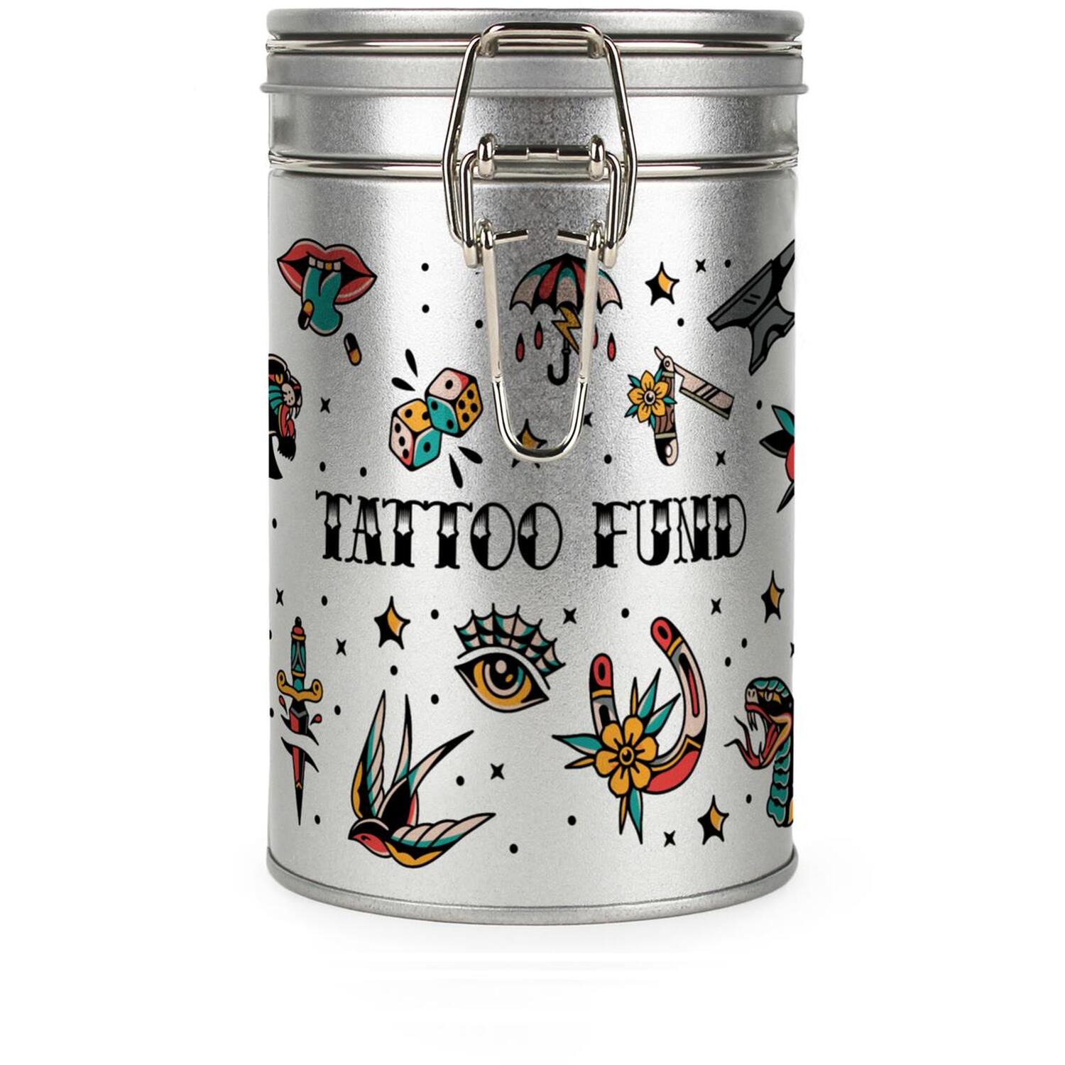 Tattoo Fund Money Tin - 600ml Multicolour Metal Clip Lid Savings Canister Gift (14cm x 8.5cm) - Image 2