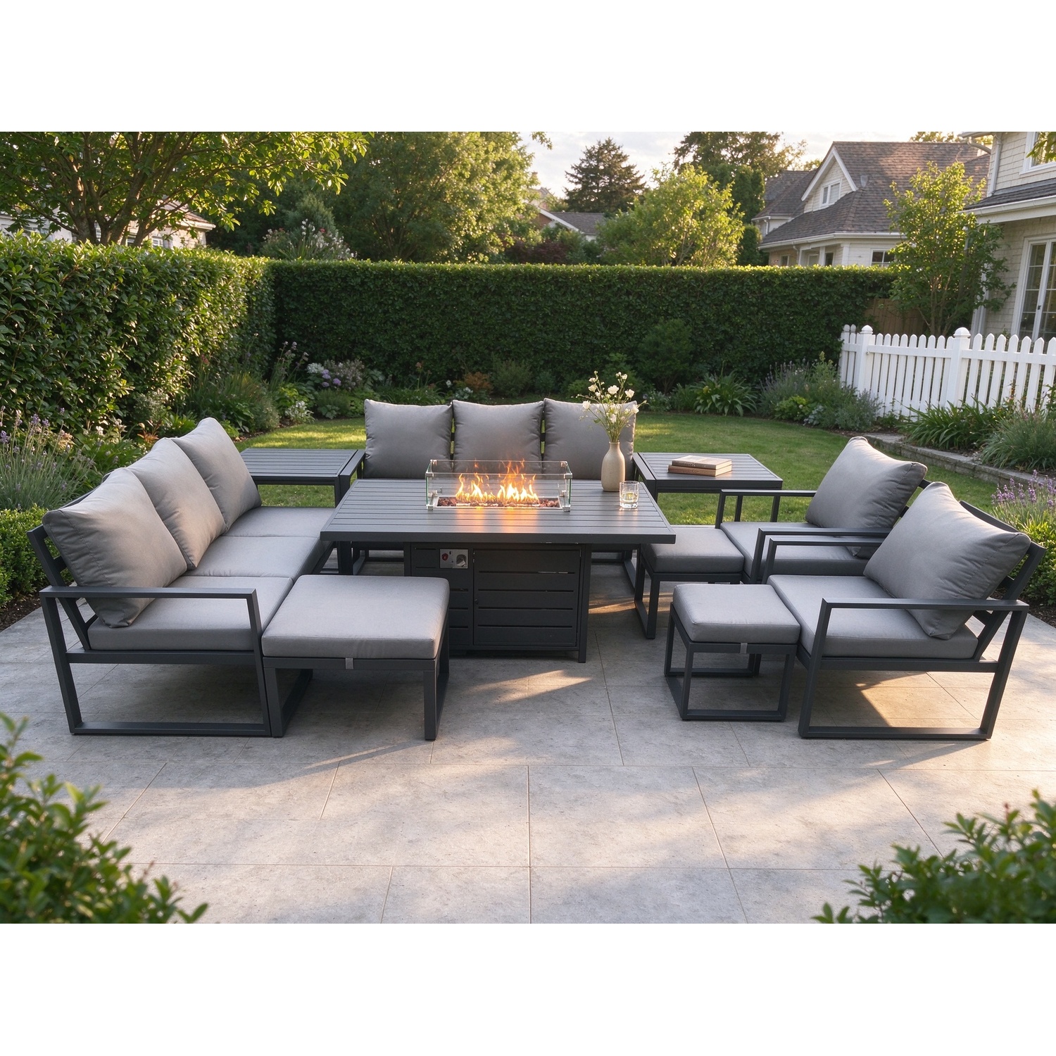 Fimous Aluminium Garden Furniture Outdoor Set Patio Lounge Sofa Gas Fire Pit Dining Table Set With 3 Footstools 2 Dark Grey - Image 3