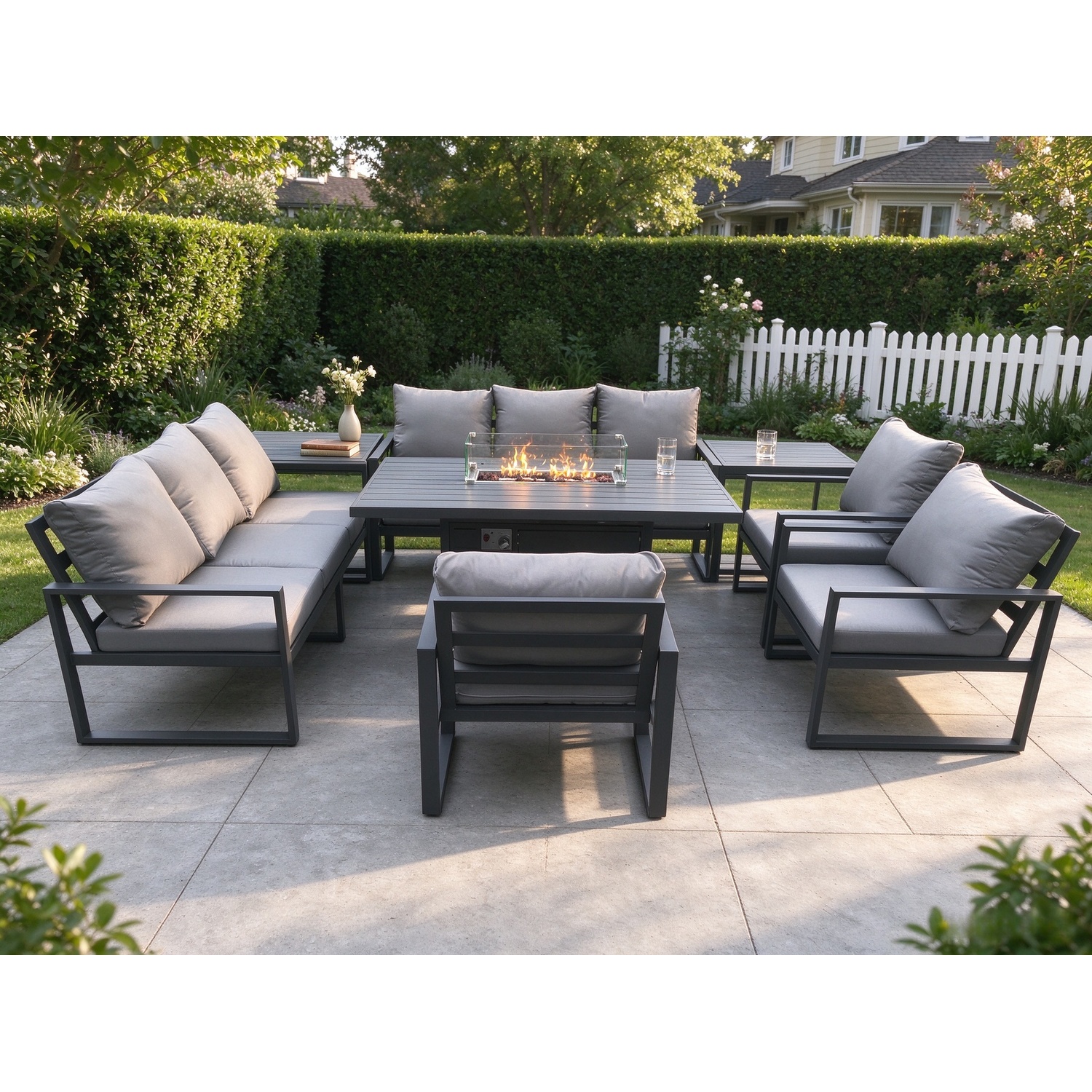 Fimous Unisex Dark Grey Aluminium Garden Furniture Outdoor Set Patio Lounge Sofa Gas Fire Pit Dining Table Set With Armchair 2 Side Table Size 3 - Image 2