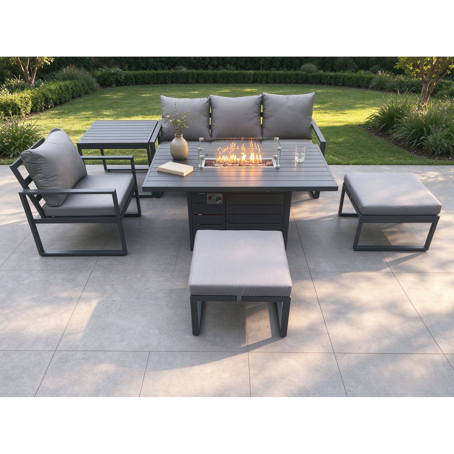 Fimous Aluminium 6 Pieces Garden Furniture Sofa Set With Cushions Gas Fire Pit Dining Table Set With 2 Big Footstools Dark Grey - Image 3