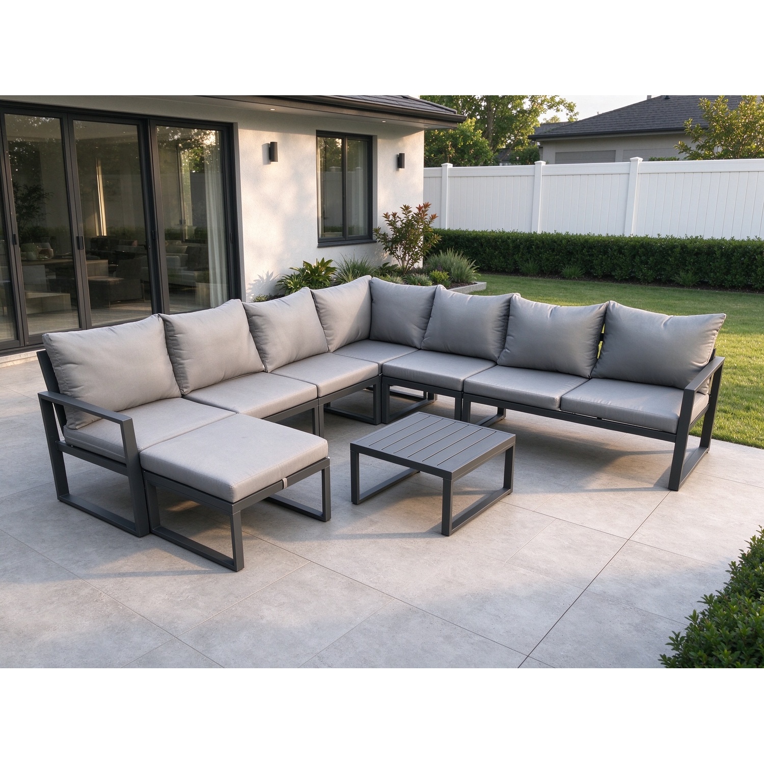 Fimous Dark/Grey Outdoor Garden Furniture Patio Lounge Corner Sofa Aluminium Set With Square Coffee Table Big Footstool - Image 2