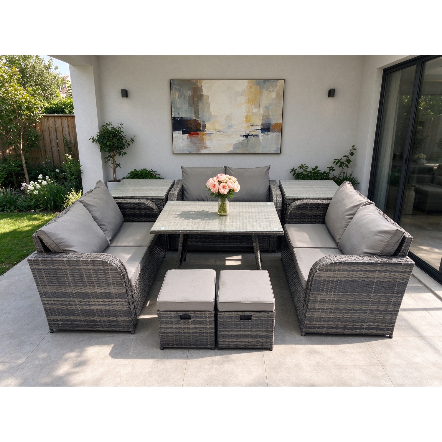 Rackhams Dark/Grey Outdoor Rattan Garden Furniture Set 8 Seater Patio Love Sofa Set With Rectangular Dining Table 2 Small Footstools 2 Side Tables Mixed - Image 2