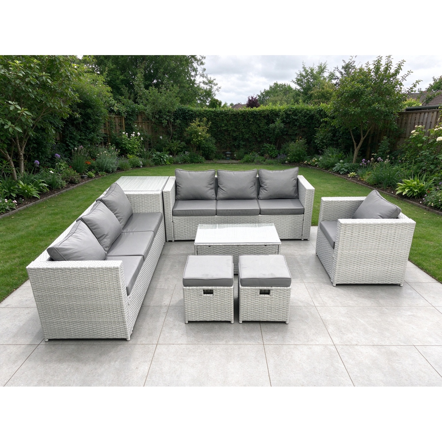 B&Q - Wicker Pe Rattan Sofa Garden Furniture Set Armchair Oblong Coffee Table 2 Small Stools Side Table Light Grey - Image 2