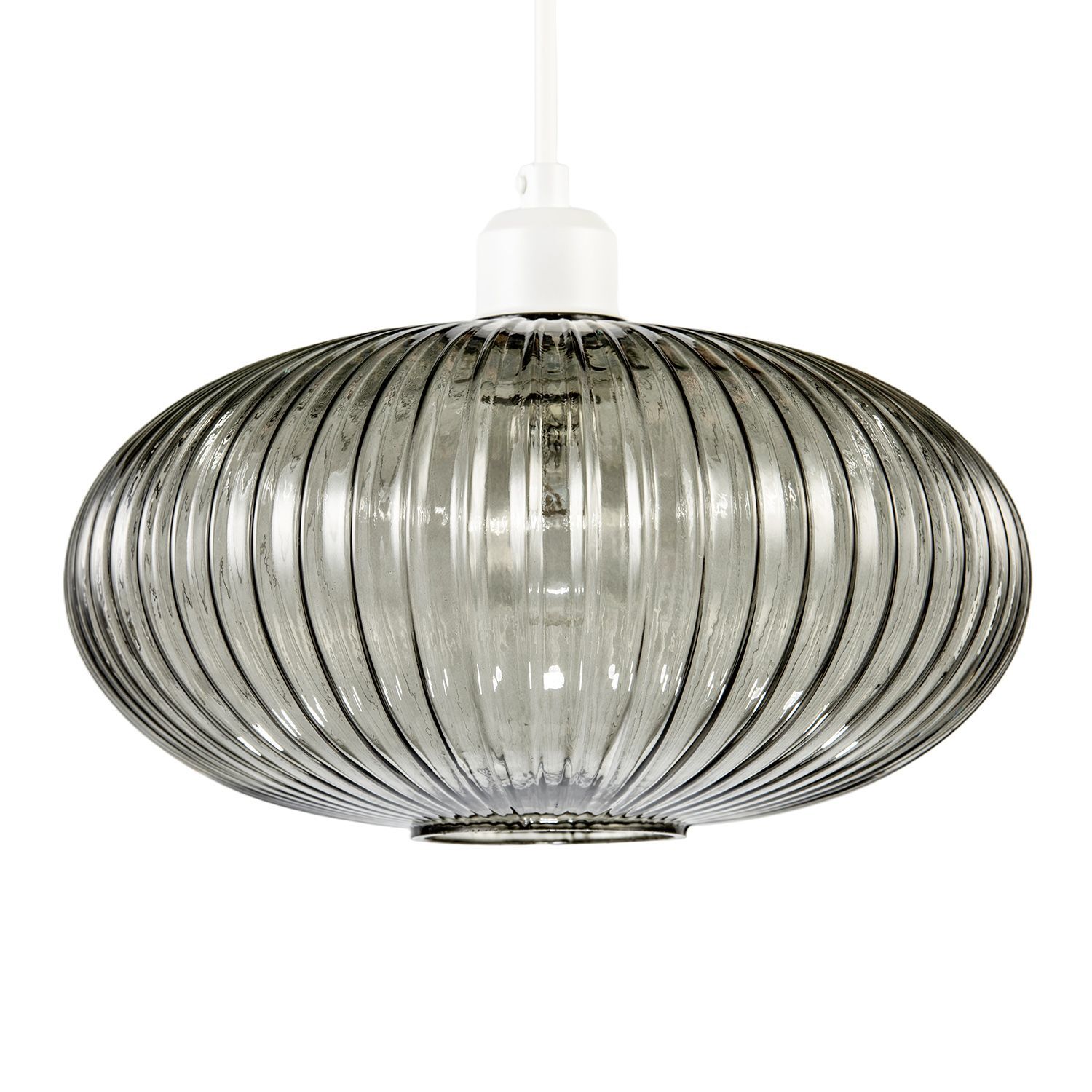 Rackhams Grey Modern Designer Smoked Line Ribbed Glass Oval Pendant Lamp Shade - Image 2