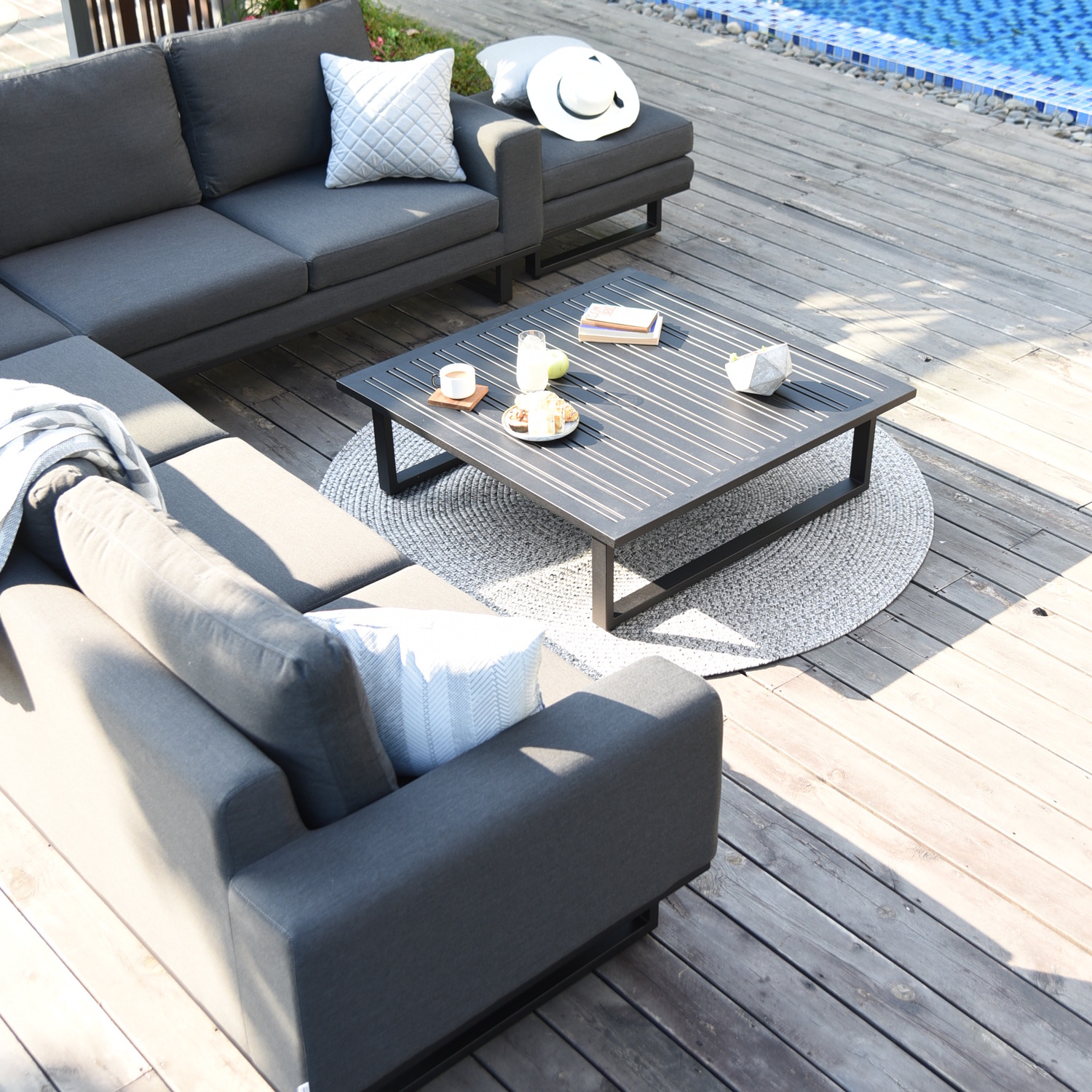 Aruba Outdoor Fabric Large Corner Sofa Set With Coffee Table - Grey