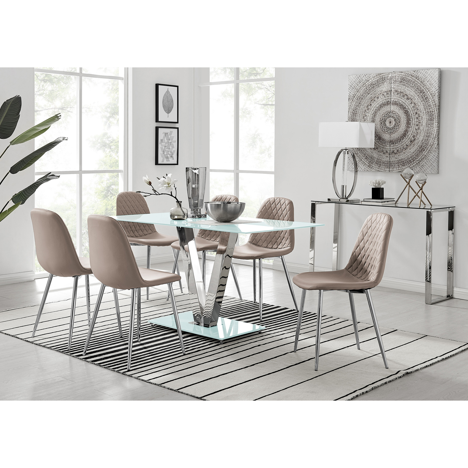 Florini V White Dining Table and 6 Corona Silver Leg Chairs - Cappuccino thumbnail