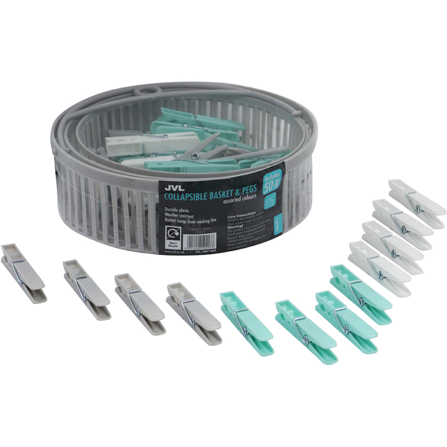 Image of JVL Round Collapsible Peg basket with Plastic Pegs - Grey