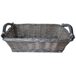 Antique Wash Wicker Tray with Wooden Handle