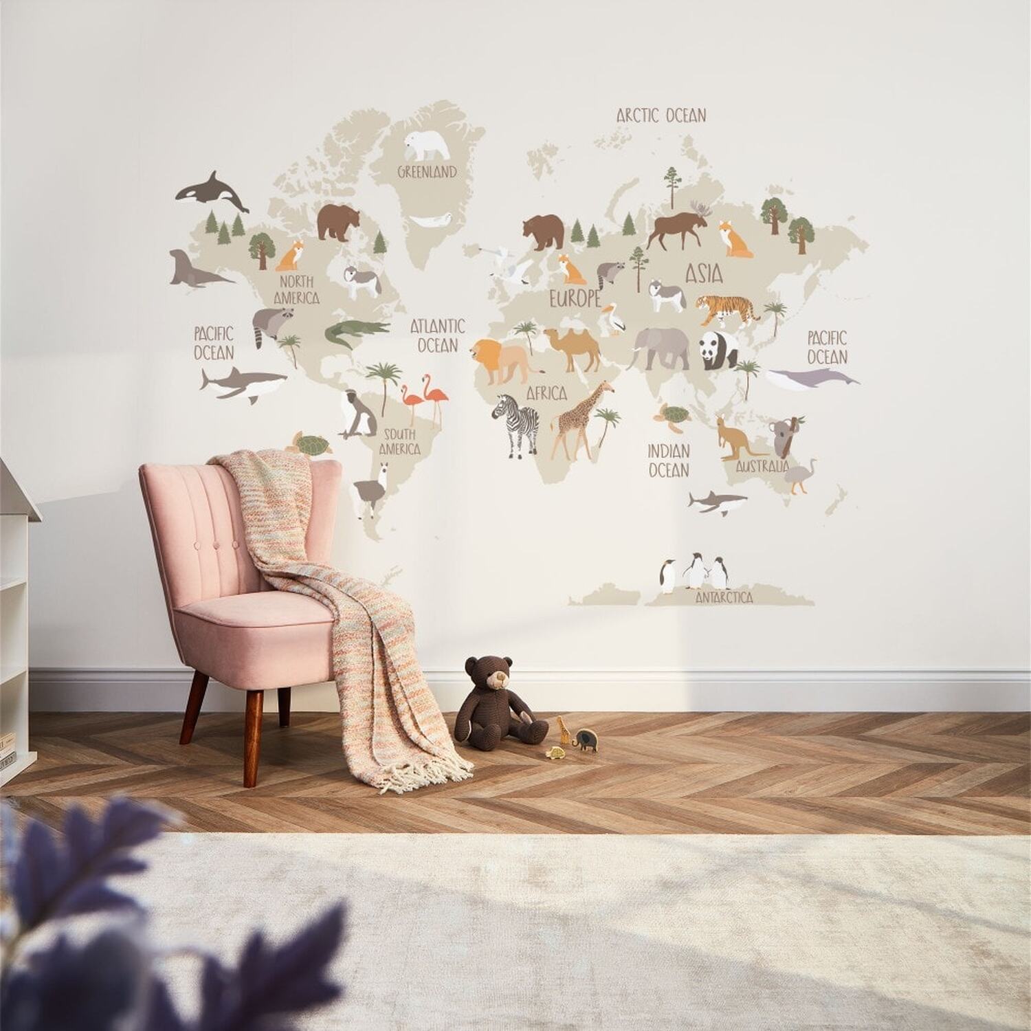 Scandi Safari Map Mural Natural - Natural