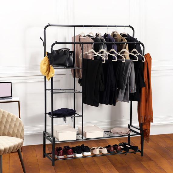 Freestanding Double Clothes Rail with 2 Shoe Racks and 3 Shelves
