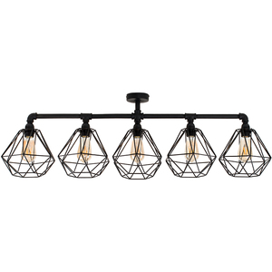 Luiggi 5 Way Black Ceiling Bar Light with Diablo Black Wire Frame Pendant Shade