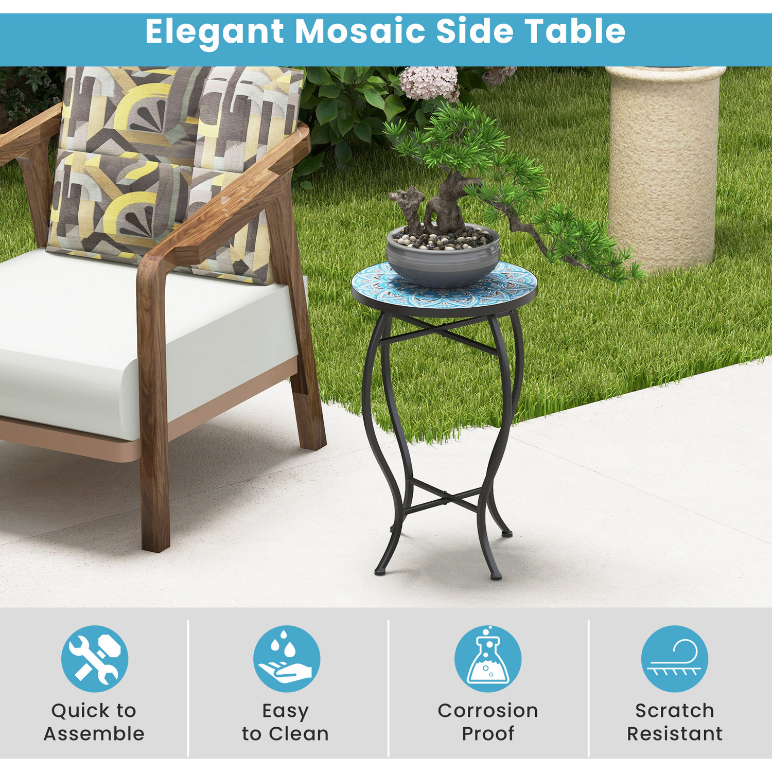 Outdoor Porch Plant Stand Mosaic Accent Coffee Table - Blue