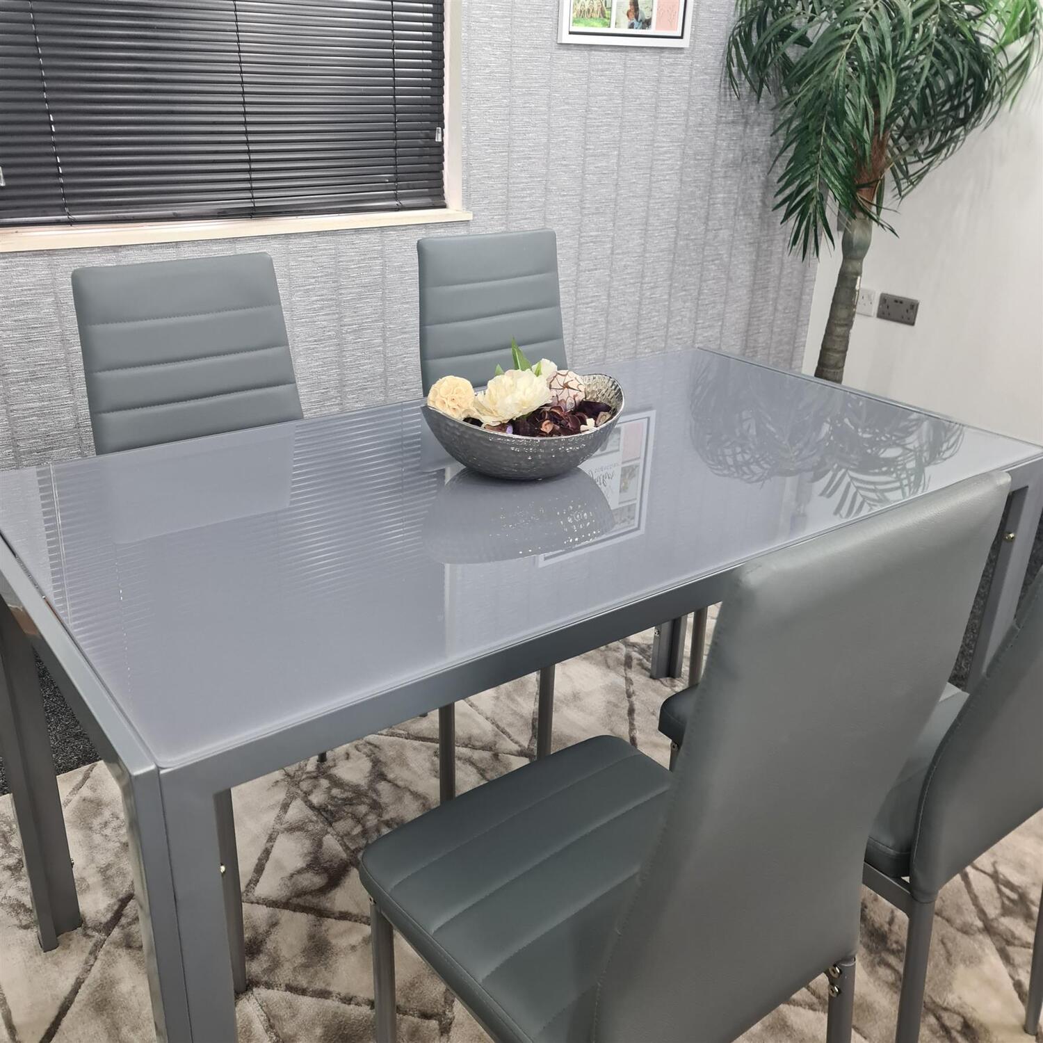 Dining Grey Glass Table With 4 Grey Faux Leather Chairs And 1 Bench Set