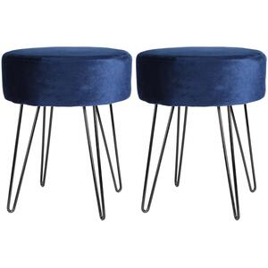 2x Round Velvet Footstools - Black Hairpin Legs