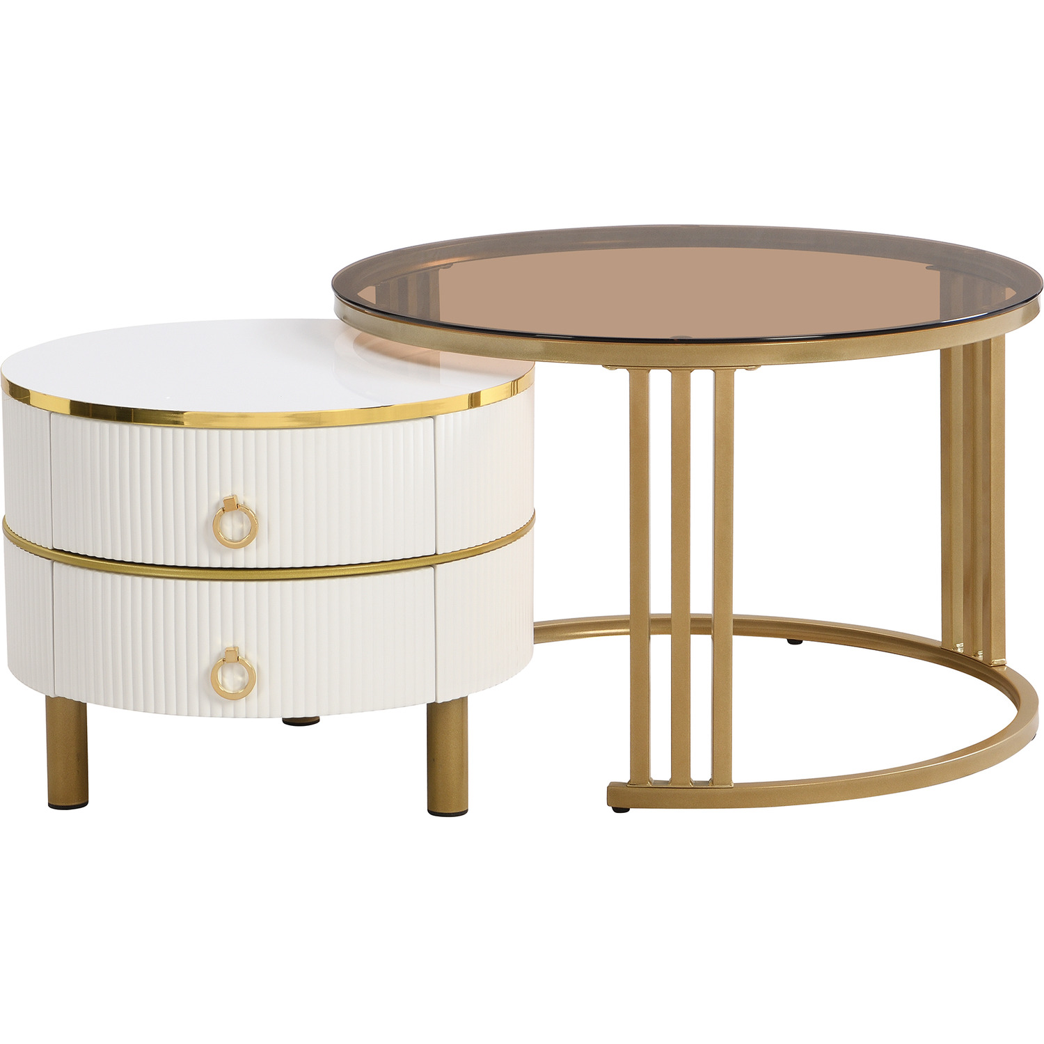 Set Of 2 Round Nest Coffee Table With Side Table - Brown
