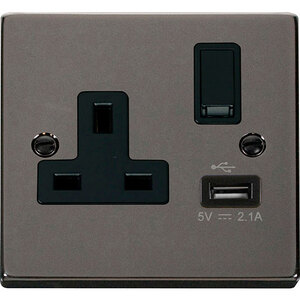 Black Nickel 1 Gang 13A DP 1 USB Switched Plug Socket