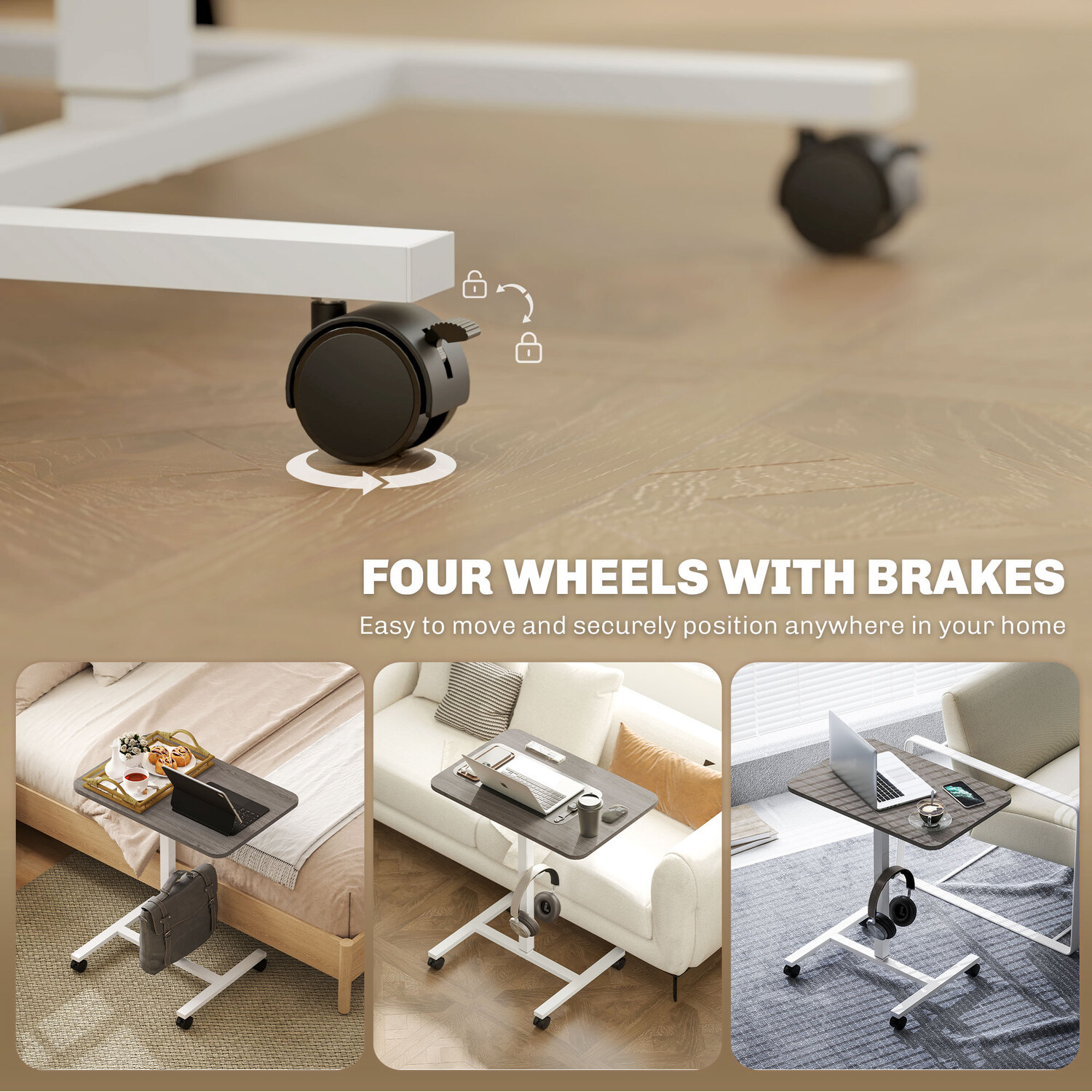 Homcom Standing Desk Mobile Overbed Table With Wheels - Grey