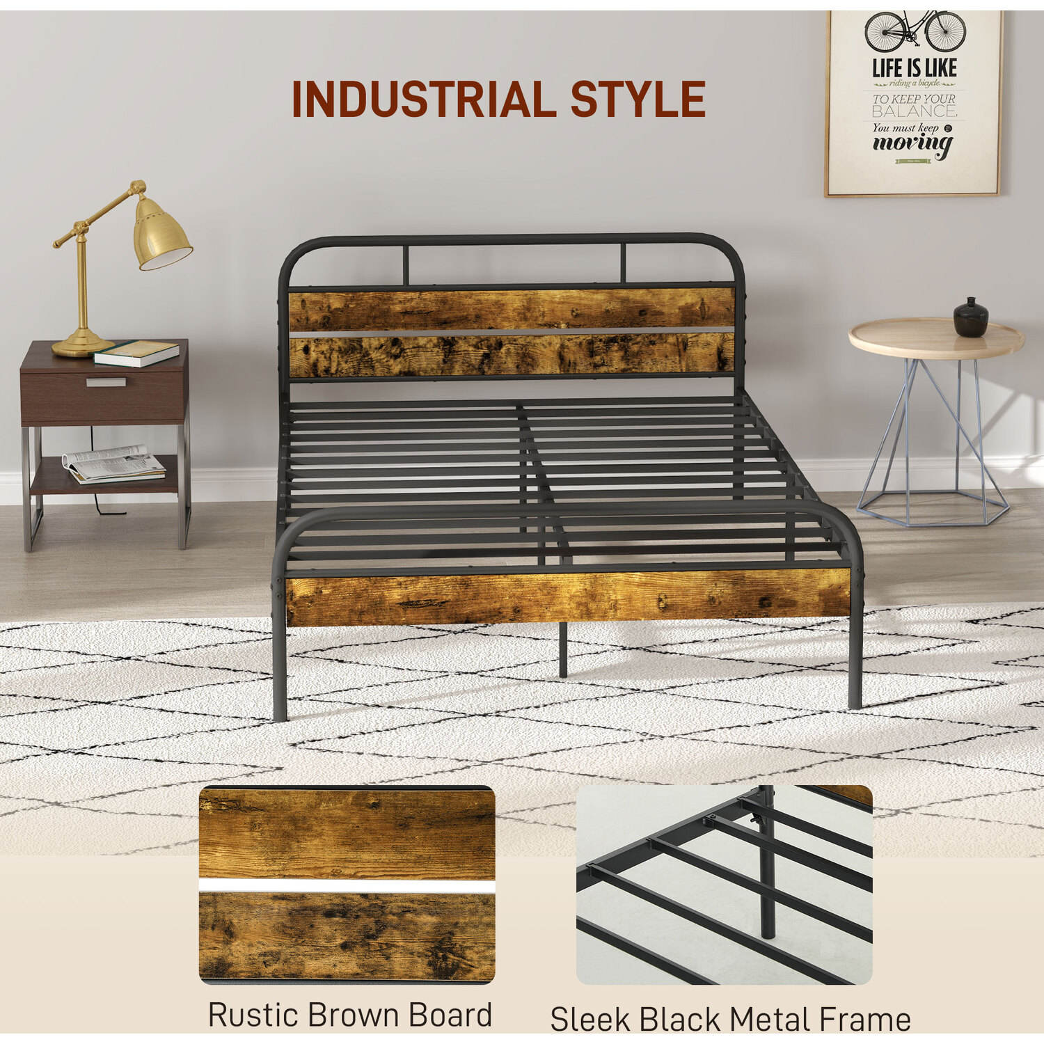 Double Industrial Metal and Wood Bed Frame with Headboard