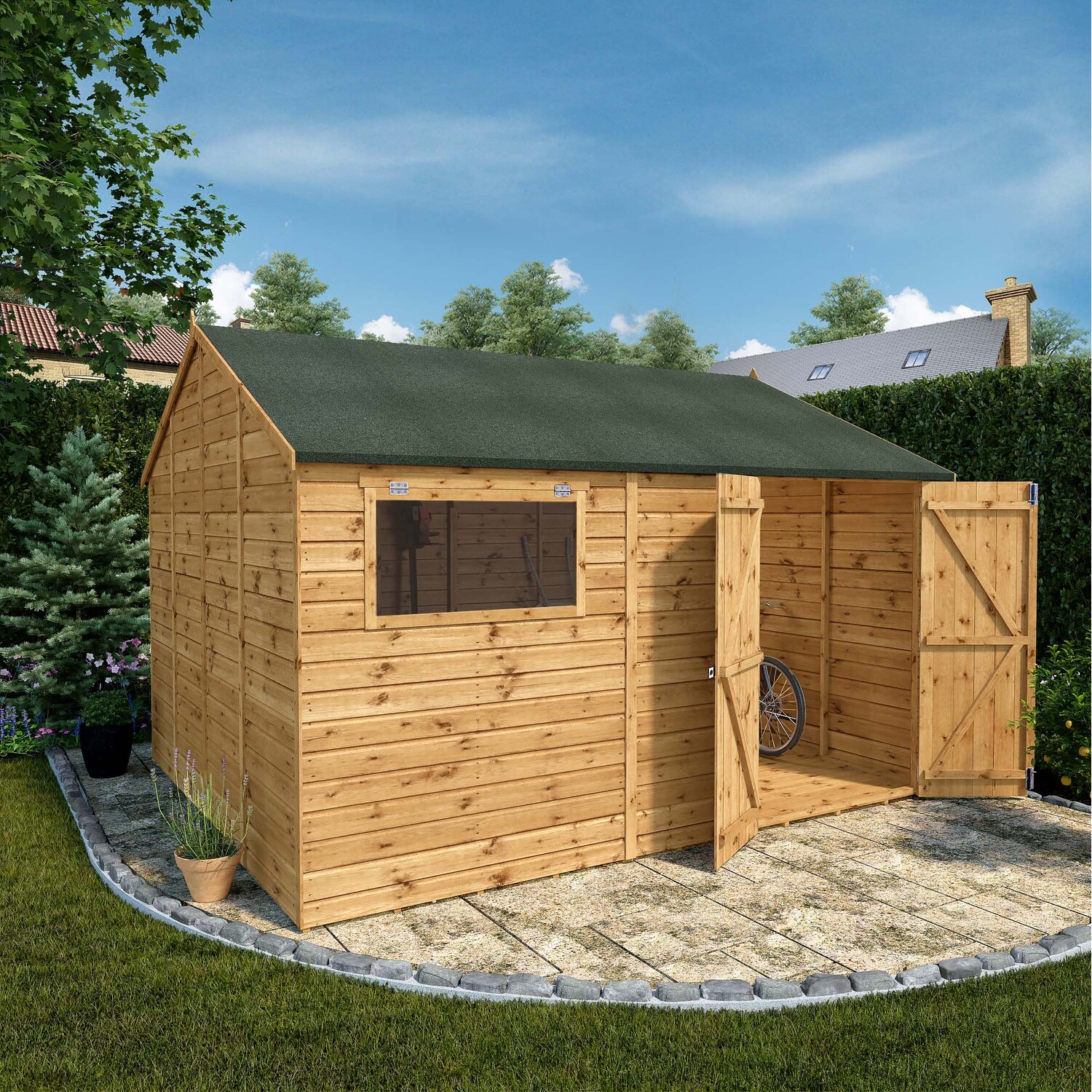 12 x 10 Wooden Garden Shed Shiplap Reverse Apex Workshop - Brown