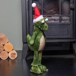 Green Standing Christmas Dinosaur with Santa Hat