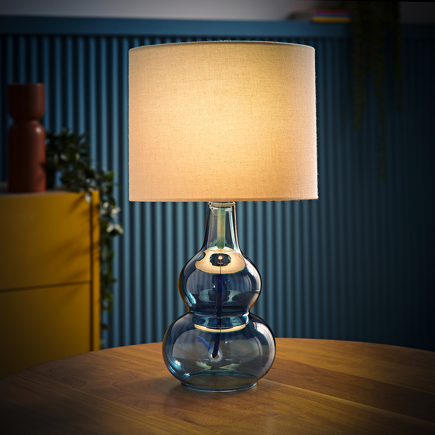 Aida Bubble Glass Table Lamp with Linen Shade and LED Bulb - Blue