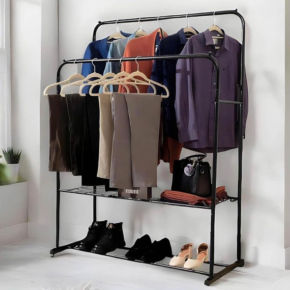 Heavy Duty Double Clothes and Garment Rail with Two Shelves