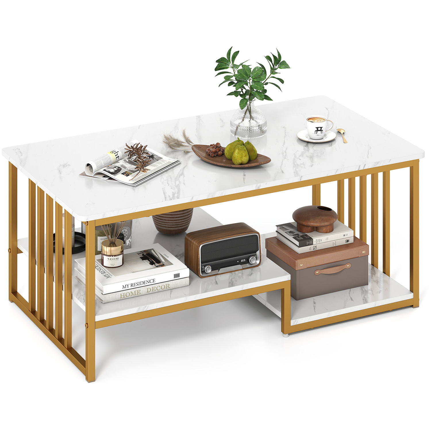 Faux Marble Coffee Table With Open Shelf - White
