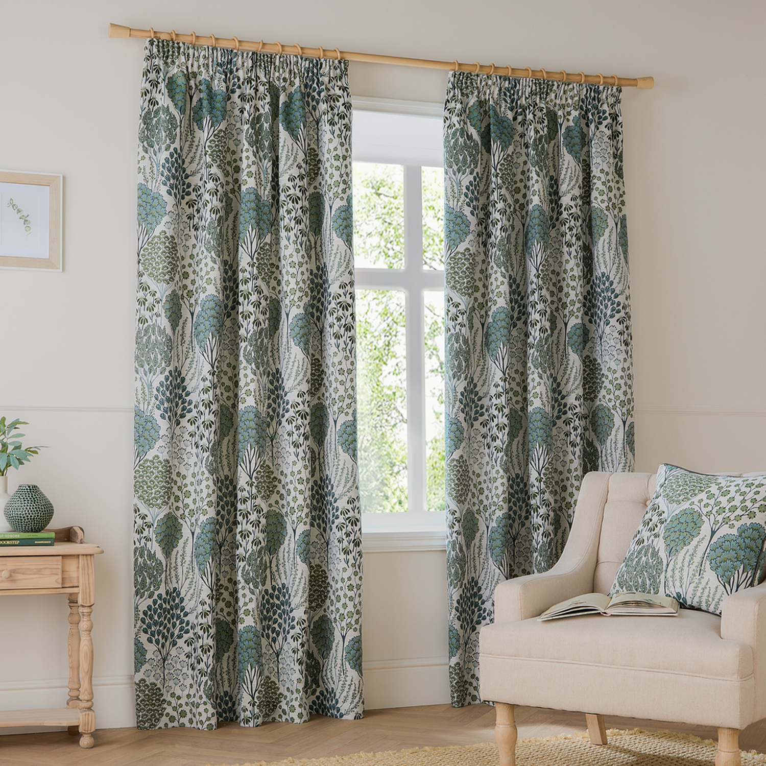 Ophelia Jacquard Floral Pencil Pleat Curtains - Thyme-Mineral / 168cm / 183cm